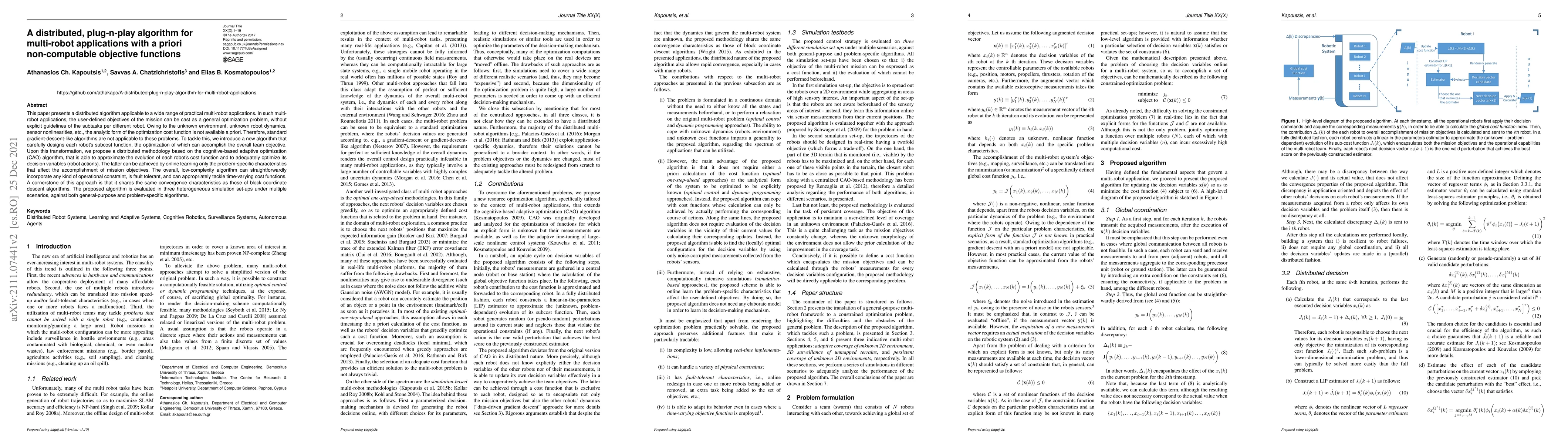 Thumbnail for A distributed, plug-n-play algorithm for multi-robot applications with a
  priori non-computable objective functions