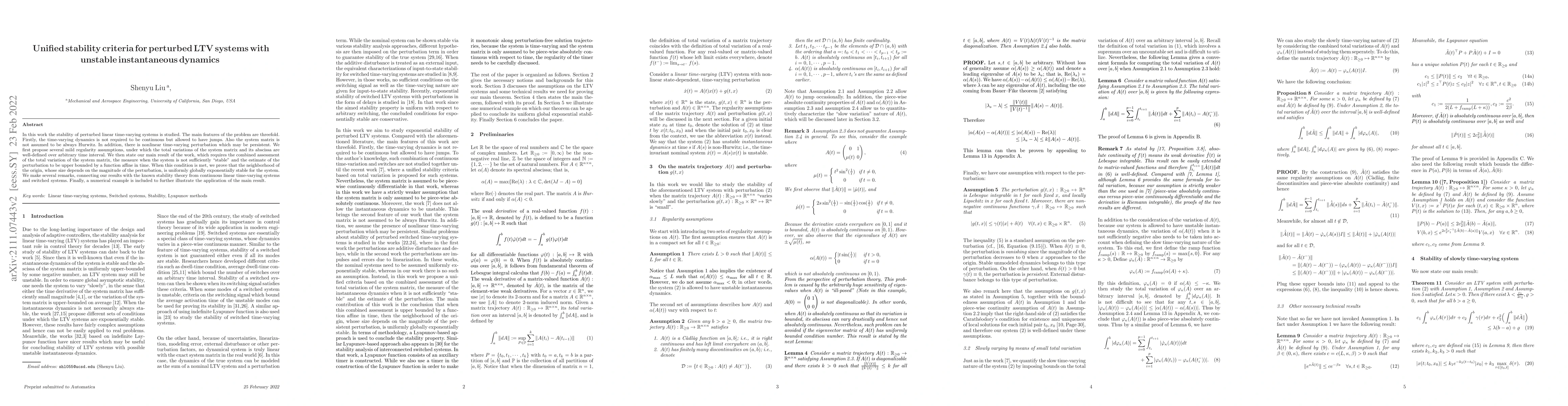 Thumbnail for Unified stability criteria for perturbed LTV systems with unstable
  instantaneous dynamics