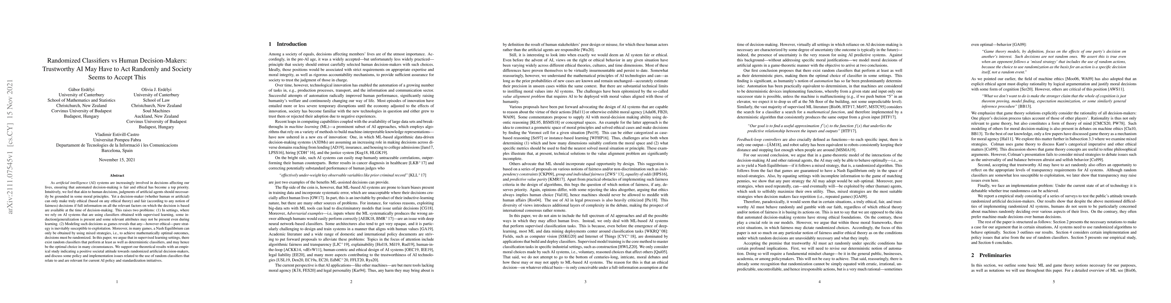 Thumbnail for Randomized Classifiers vs Human Decision-Makers: Trustworthy AI May Have
  to Act Randomly and Society Seems to Accept This