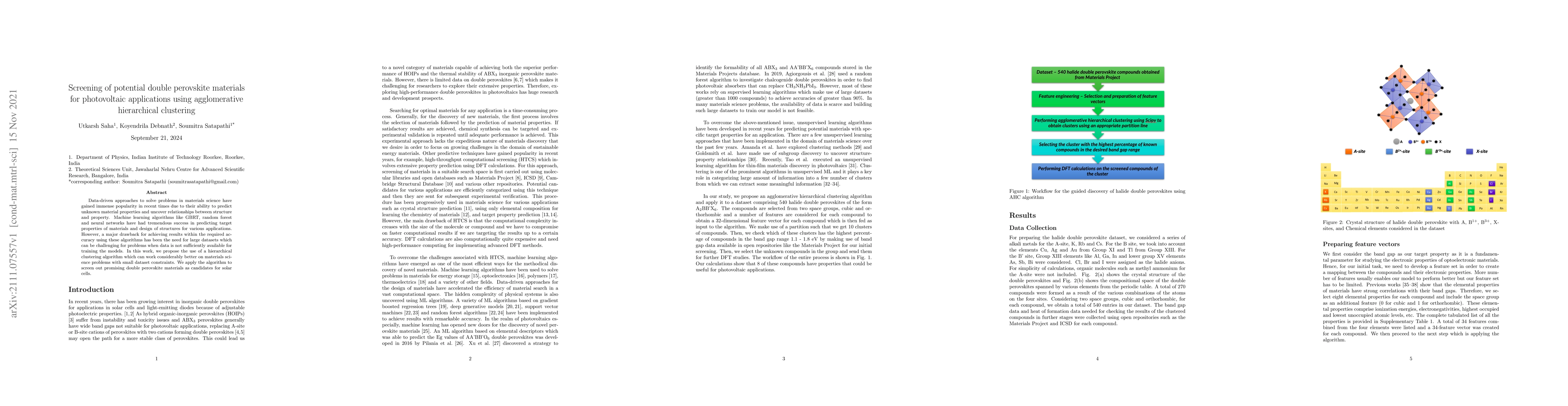 Thumbnail for Screening of potential double perovskite materials for photovoltaic
  applications using agglomerative hierarchical clustering