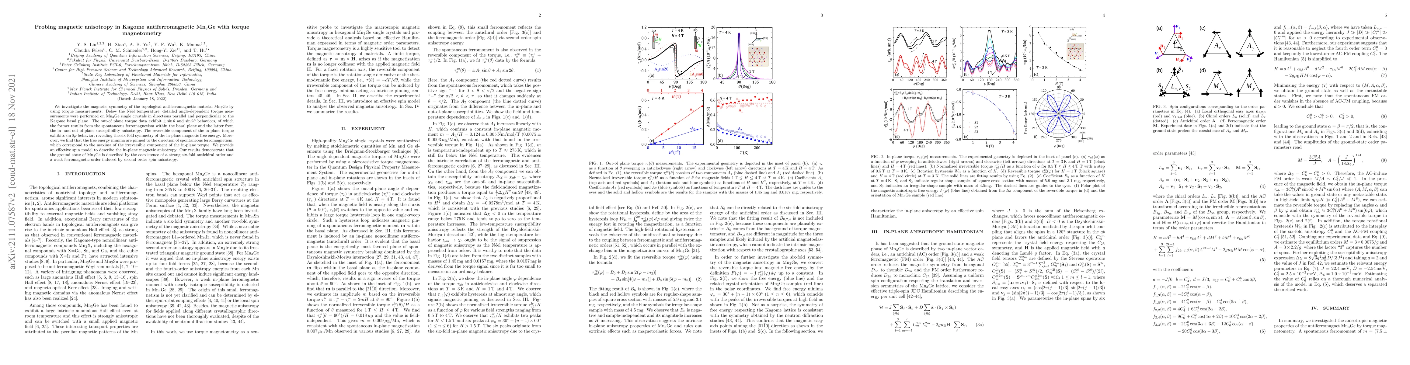 Thumbnail for Probing magnetic anisotropy in Kagome antiferromagnetic Mn$_3$Ge with
  torque magnetometry