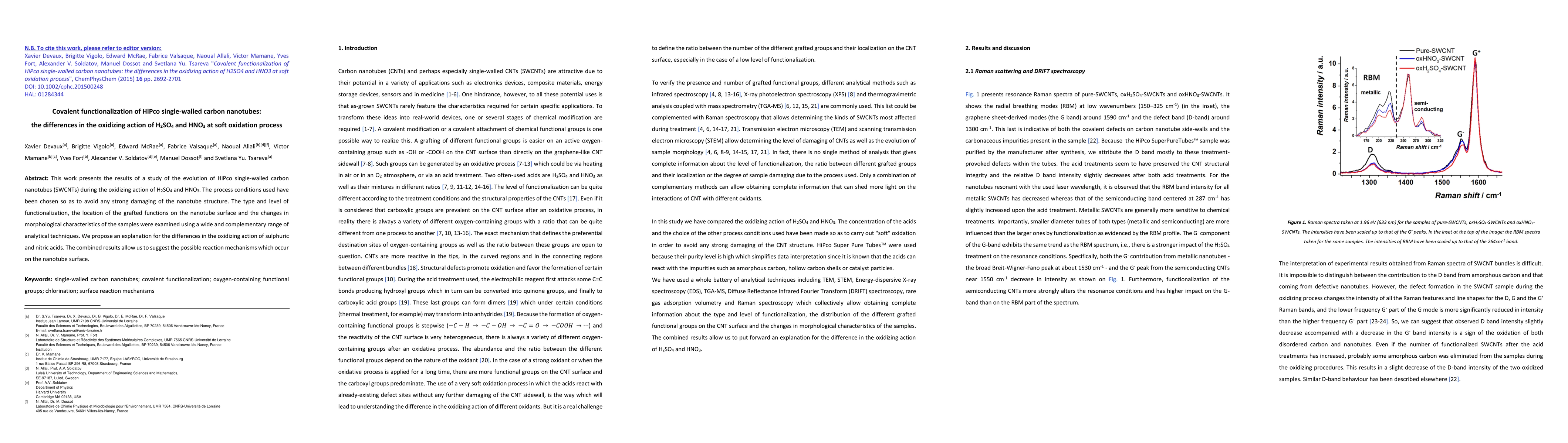 Thumbnail for Covalent Functionalization of HiPco Single-Walled Carbon Nanotubes:
  Differences in the Oxidizing Action of H2SO4 and HNO3 during a Soft Oxidation
  Process