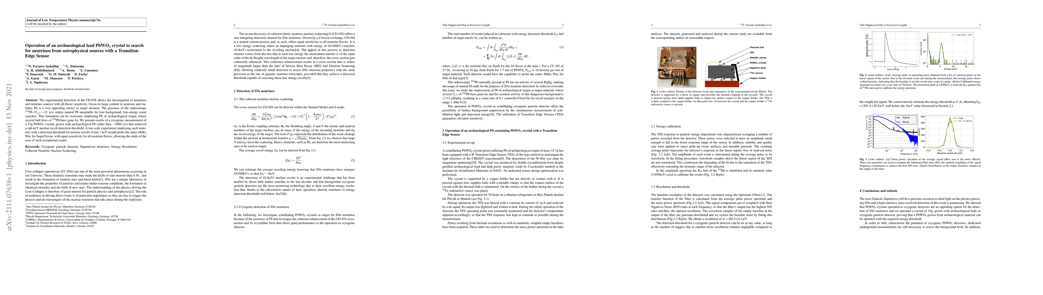 Thumbnail for Operation of an archaeological lead PbWO$_4$ crystal to search for
  neutrinos from astrophysical sources with a Transition Edge Sensor