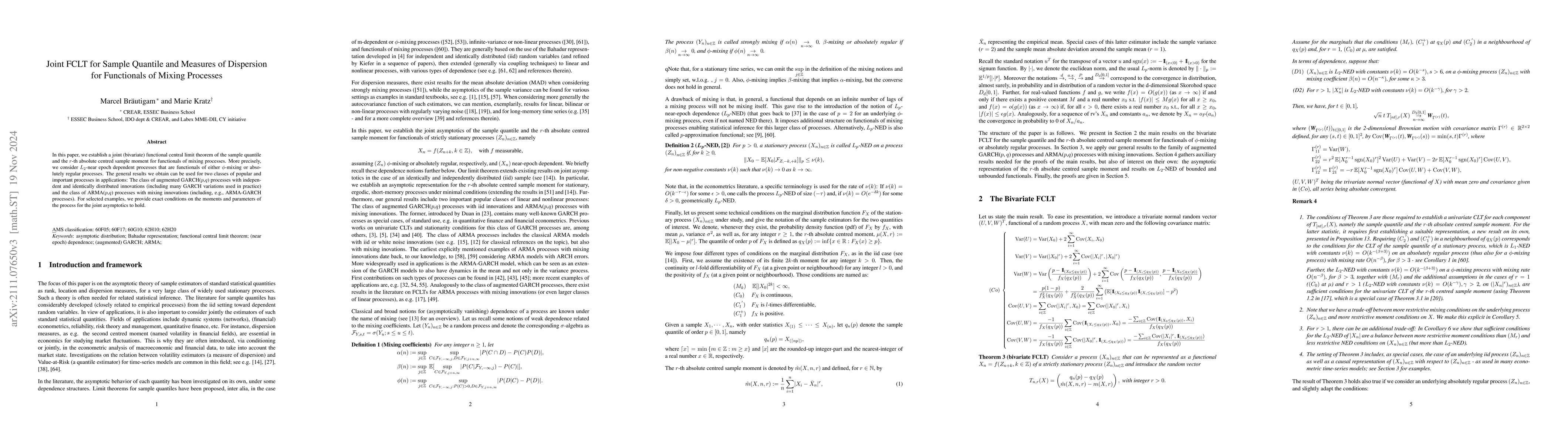 Thumbnail for Joint FCLT for Sample Quantile and Measures of Dispersion for
  Functionals of Mixing Processes