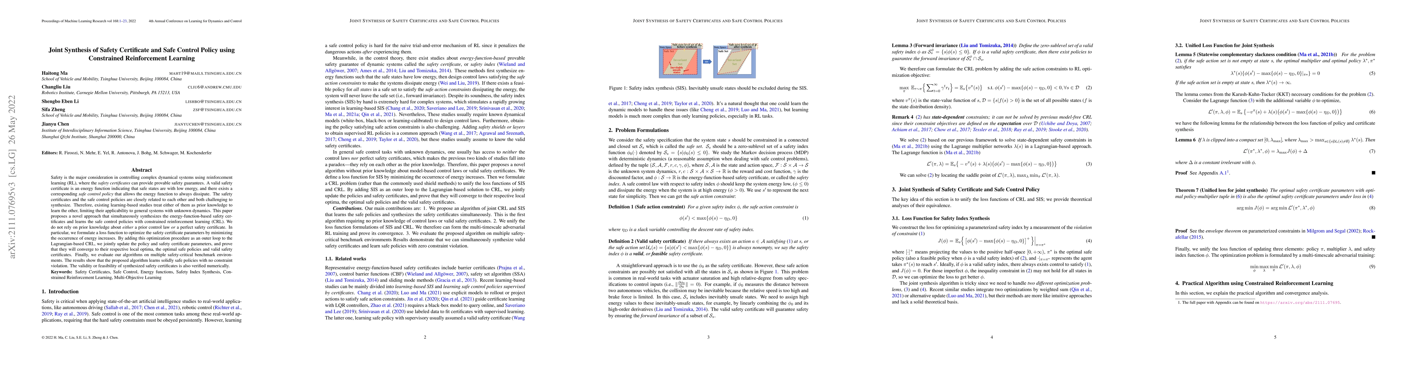 Thumbnail for Joint Synthesis of Safety Certificate and Safe Control Policy using
  Constrained Reinforcement Learning