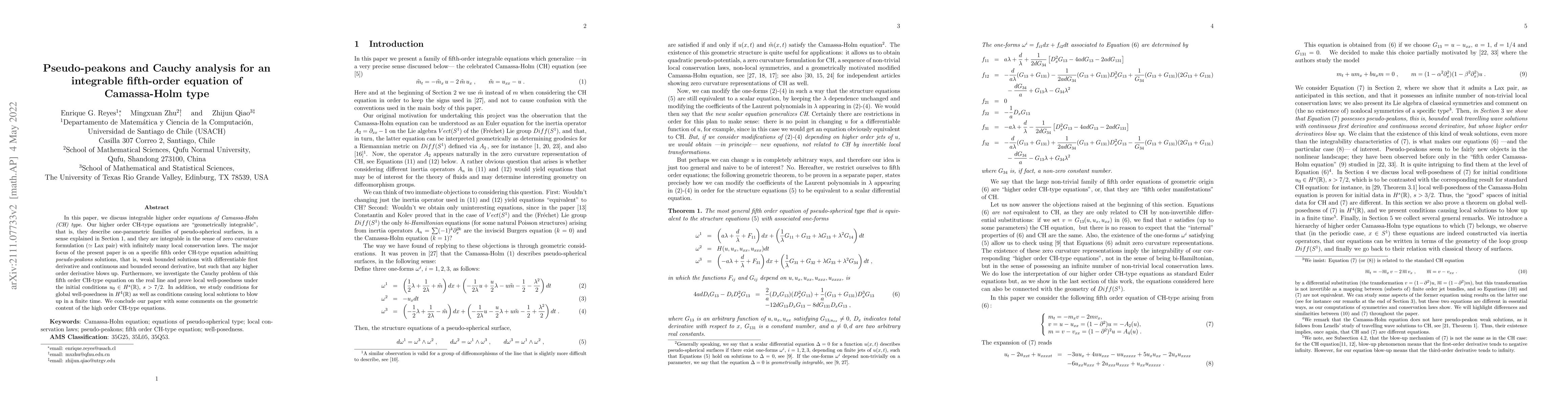 Thumbnail for Pseudo-peakons and Cauchy analysis for an integrable fifth-order
  equation of Camassa-Holm type