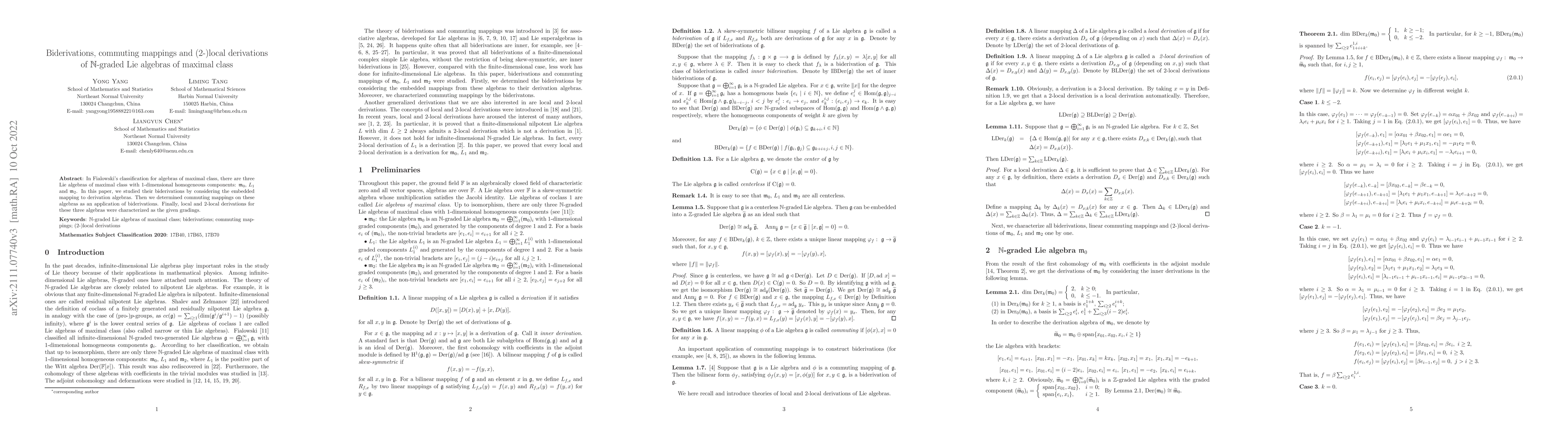 Thumbnail for Biderivations, commuting mappings and (2-)local derivations of
  $\mathbb{N}$-graded Lie algebras of maximal class