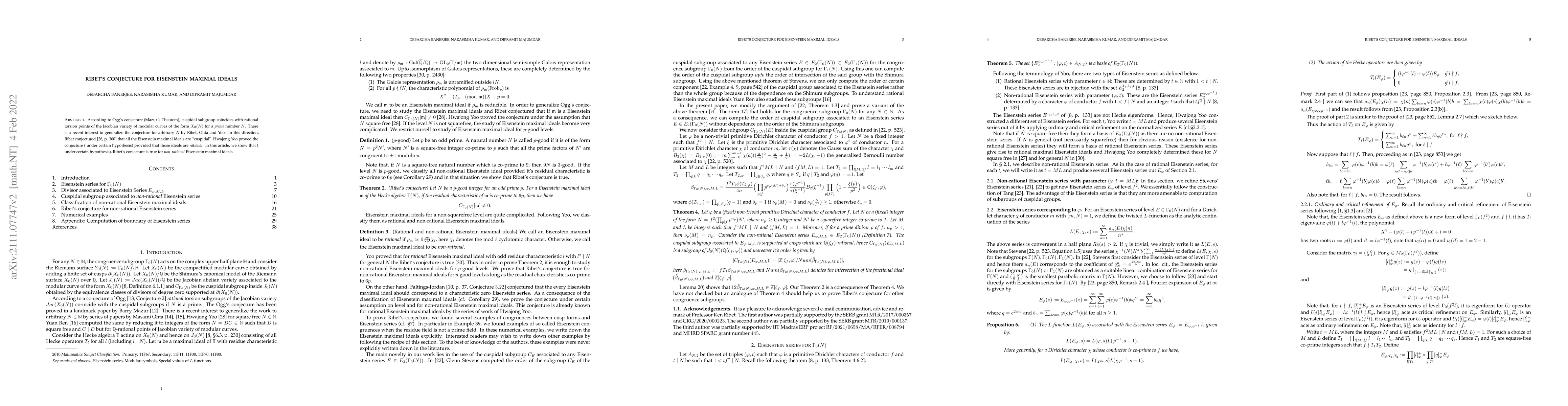 Thumbnail for Ribet's conjecture for Eisenstein maximal ideals