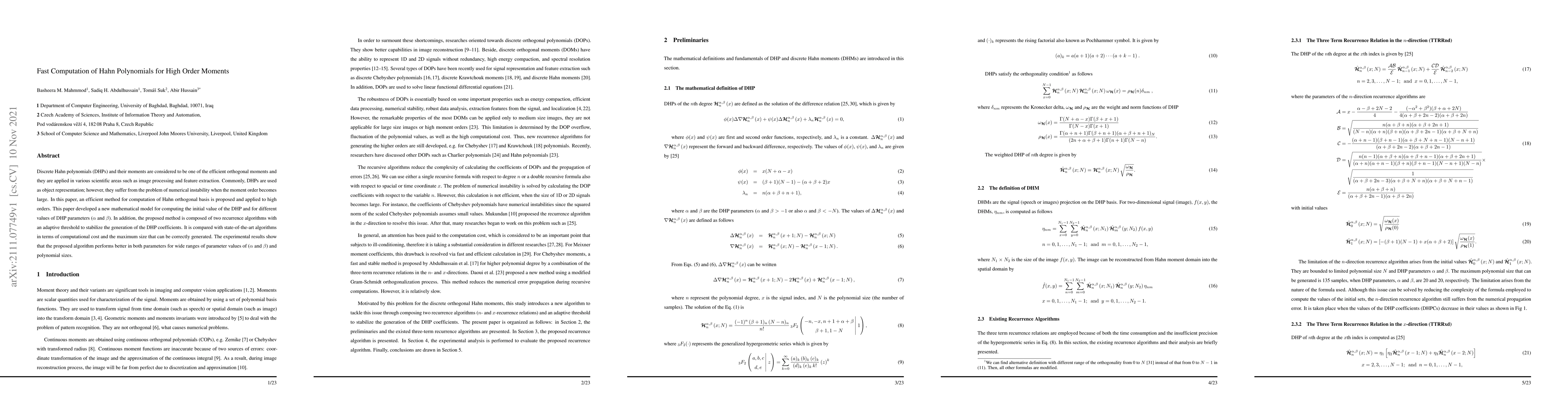 Thumbnail for Fast Computation of Hahn Polynomials for High Order Moments