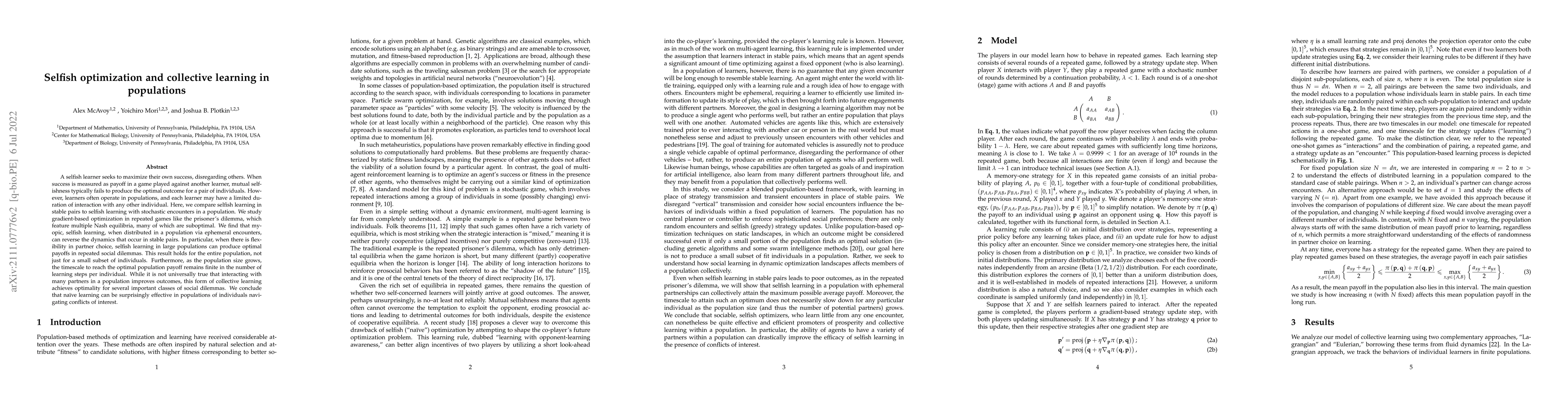 Thumbnail for Selfish optimization and collective learning in populations