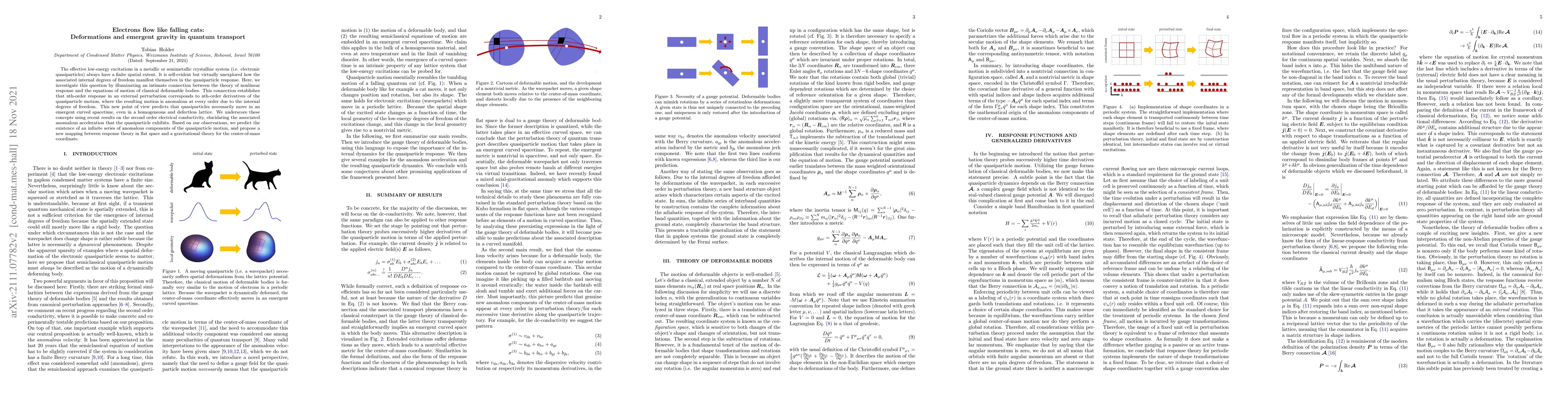 Thumbnail for Electrons flow like falling cats: Deformations and emergent gravity in
  quantum transport