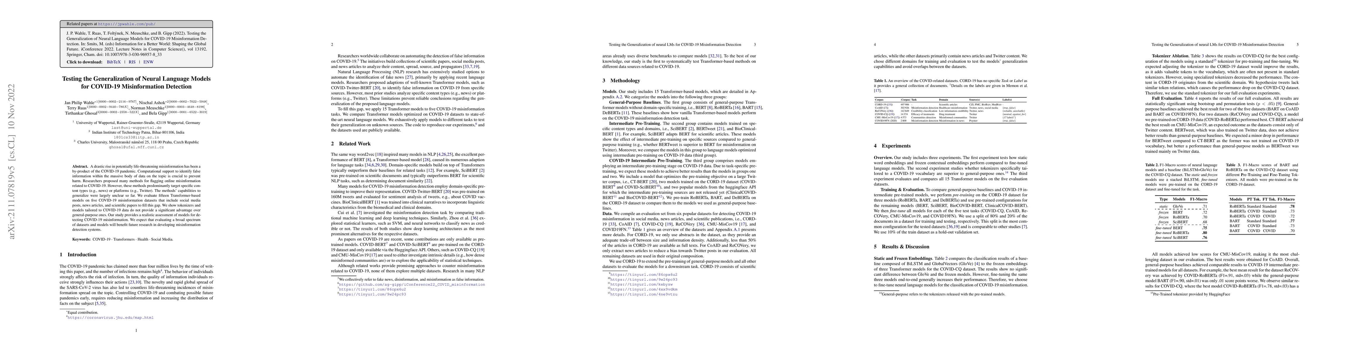 Thumbnail for Testing the Generalization of Neural Language Models for COVID-19
  Misinformation Detection