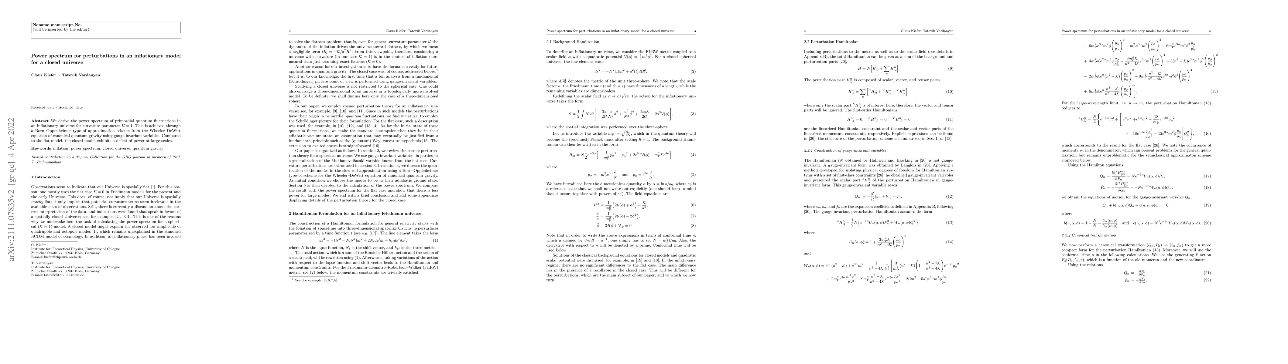 Thumbnail for Power spectrum for perturbations in an inflationary model for a closed
  universe