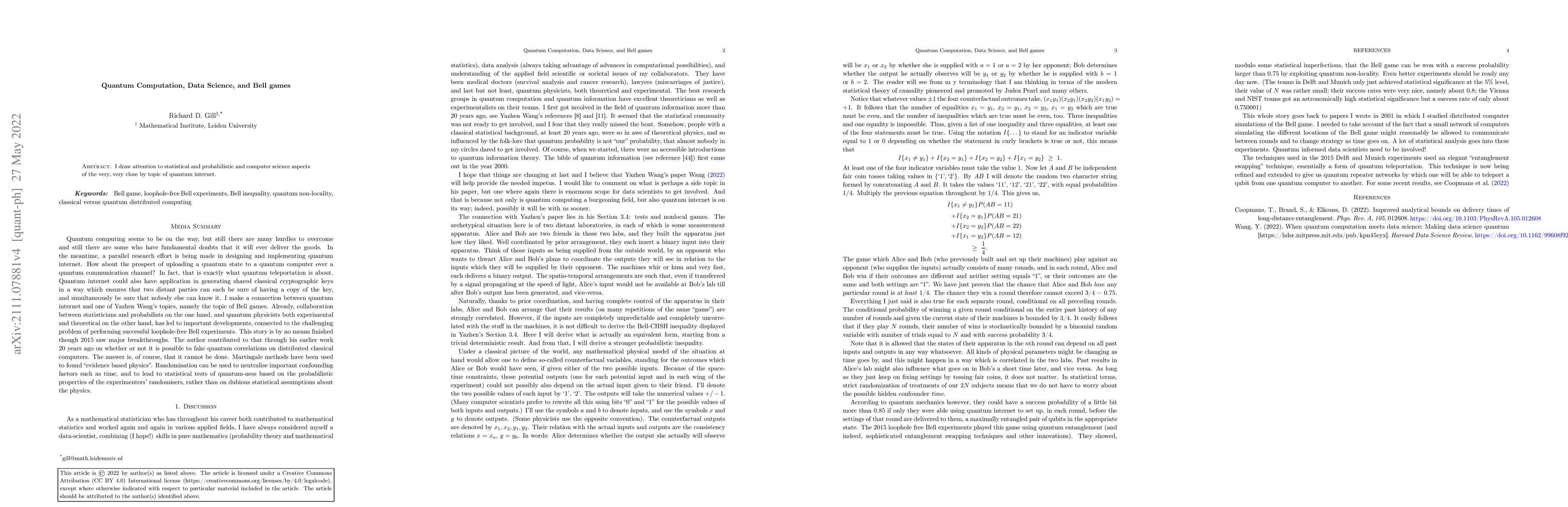 Thumbnail for Quantum Computation, Data Science, and Bell games