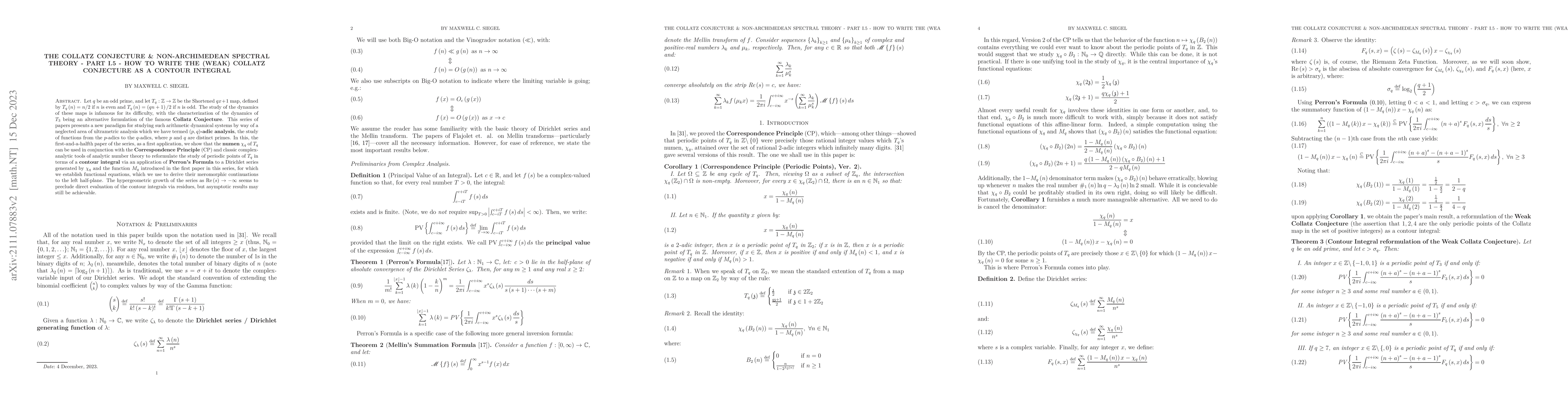 Thumbnail for The Collatz Conjecture & Non-Archimedean Spectral Theory -- Part I.5 --
  How To Write The (Weak) Collatz Conjecture As A Contour Integral