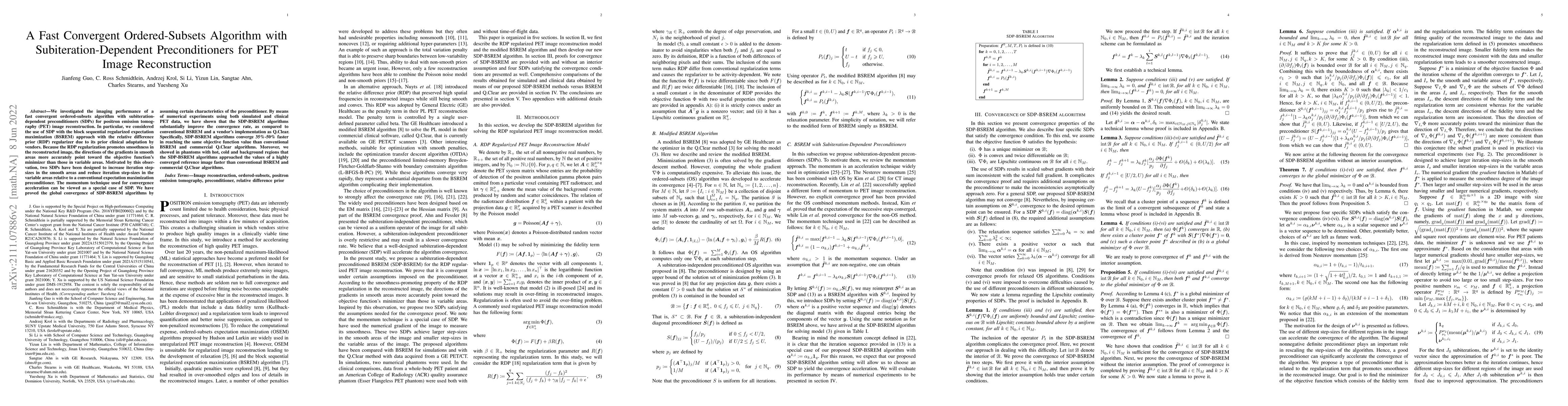 Thumbnail for A Fast Convergent Ordered-Subsets Algorithm with Subiteration-Dependent
  Preconditioners for PET Image Reconstruction