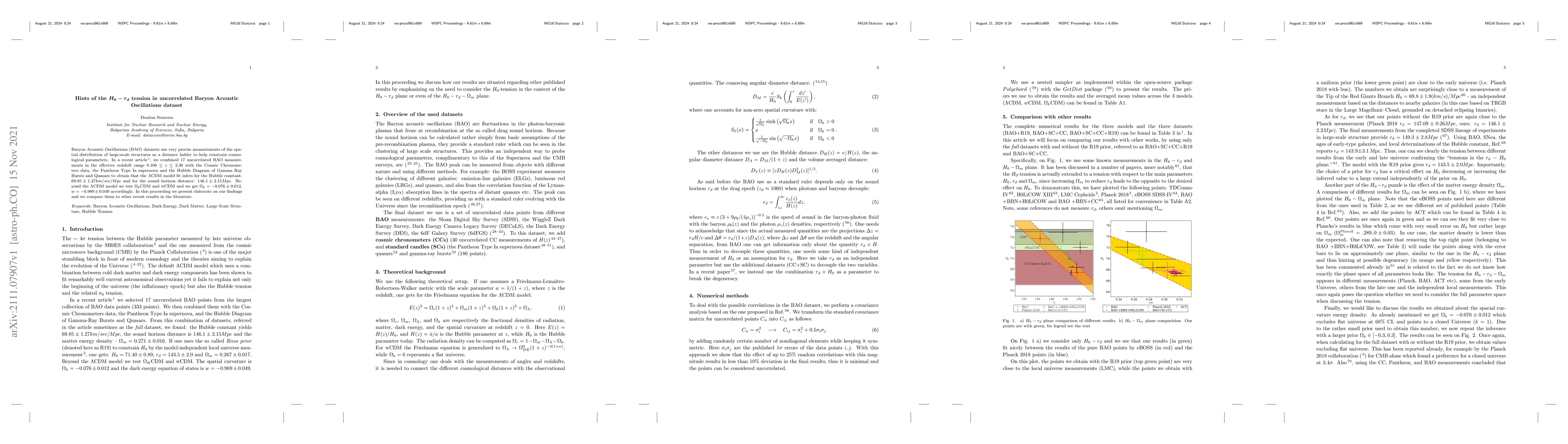 Thumbnail for Hints of the $H_0-r_d$ tension in uncorrelated Baryon Acoustic
  Oscillations dataset
