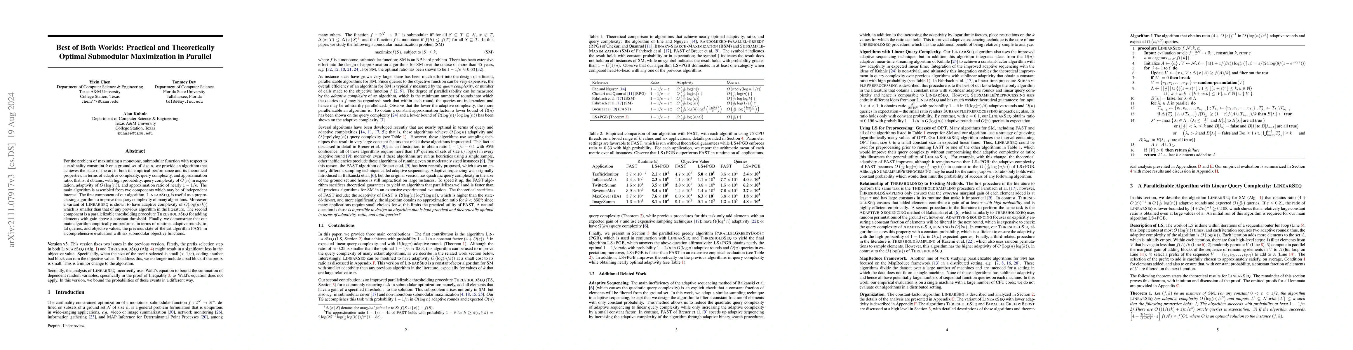 Thumbnail for Best of Both Worlds: Practical and Theoretically Optimal Submodular
  Maximization in Parallel
