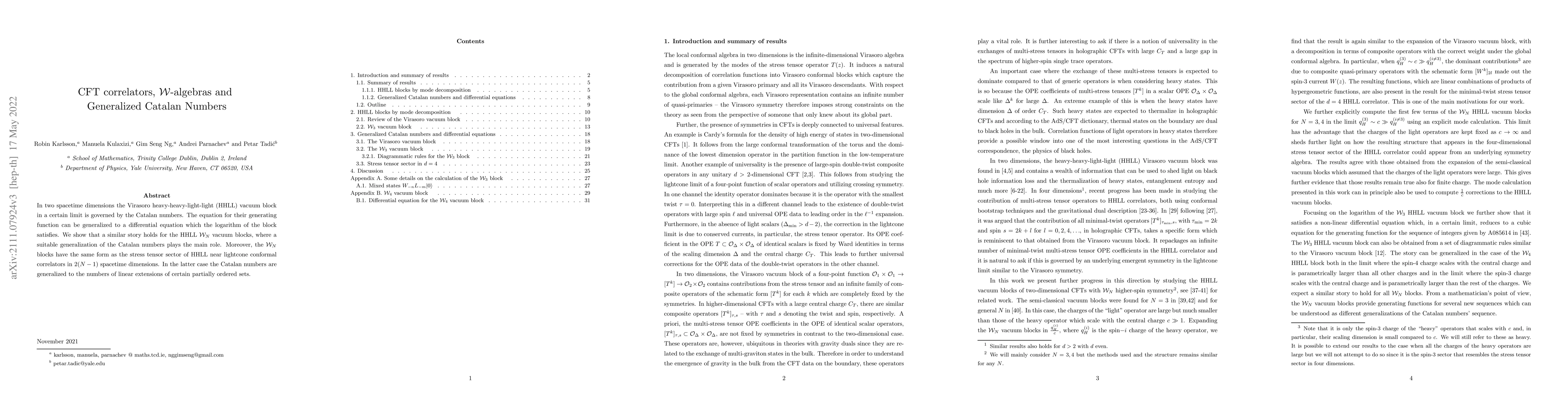 Thumbnail for CFT correlators, ${\cal W}$-algebras and Generalized Catalan Numbers