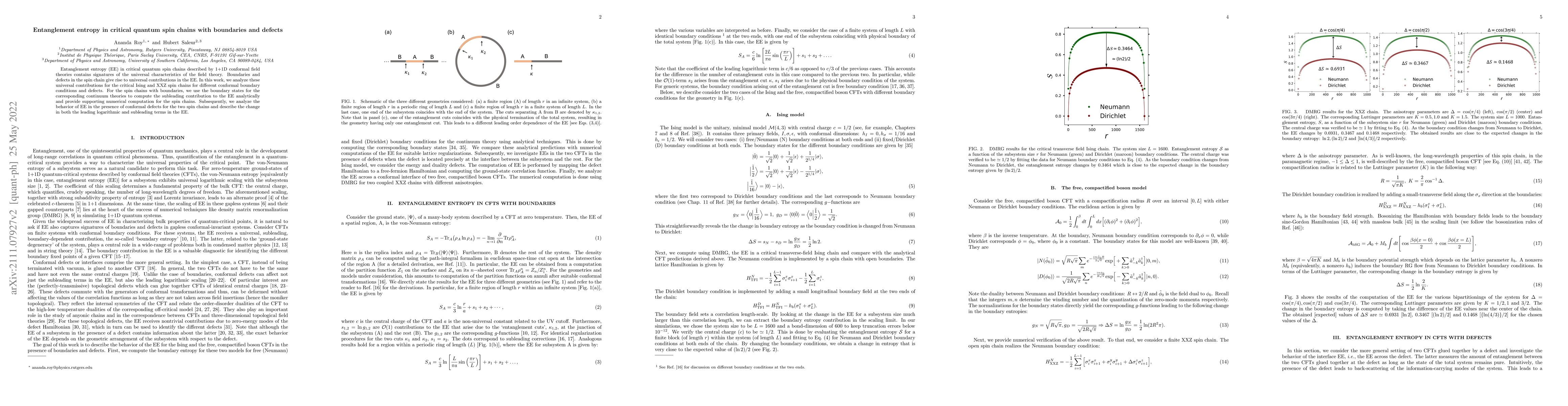 Thumbnail for Entanglement entropy in critical quantum spin chains with boundaries and
  defects
