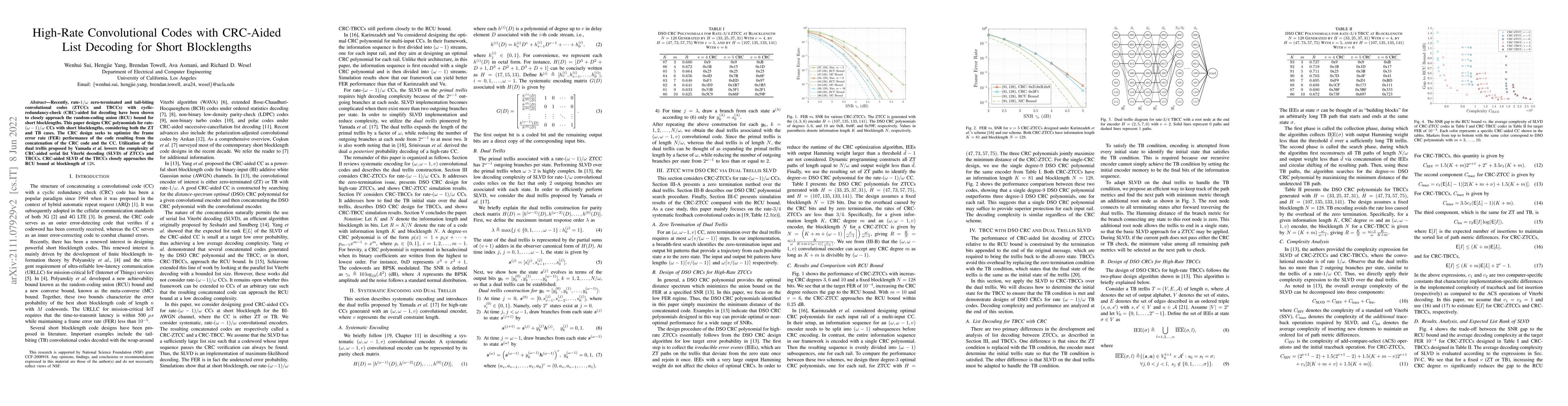 Thumbnail for High-Rate Convolutional Codes with CRC-Aided List Decoding for Short
  Blocklengths