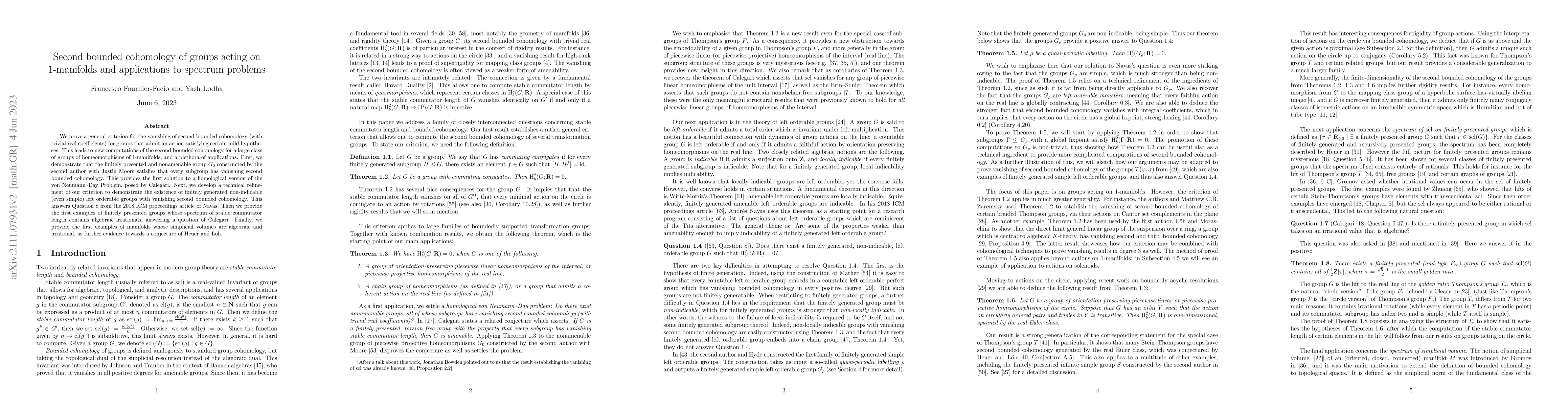 Thumbnail for Second bounded cohomology of groups acting on $1$-manifolds and
  applications to spectrum problems