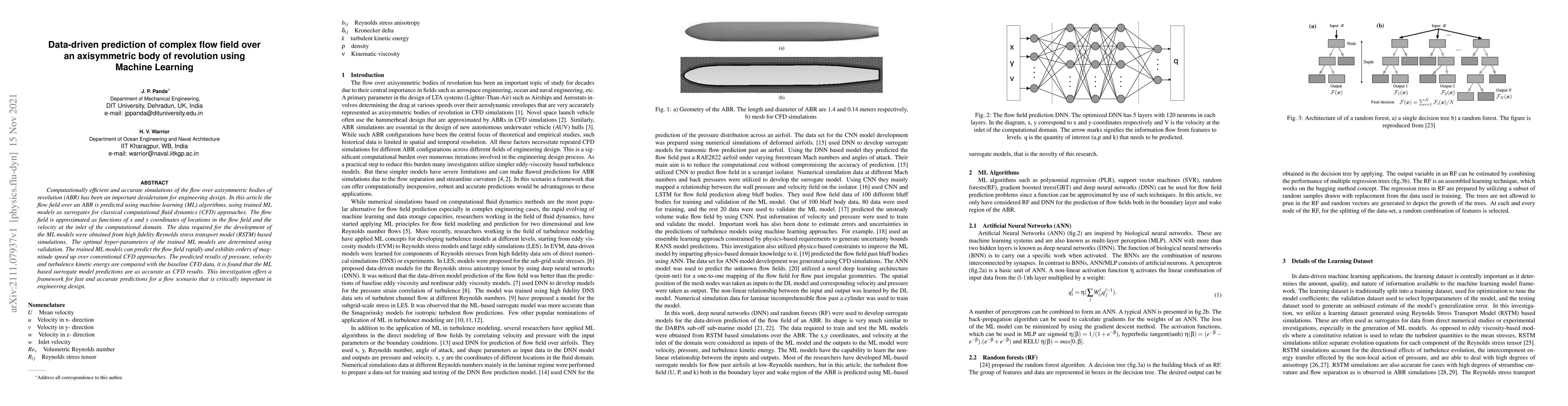 Thumbnail for Data-driven prediction of complex flow field over an axisymmetric body
  of revolution using Machine Learning
