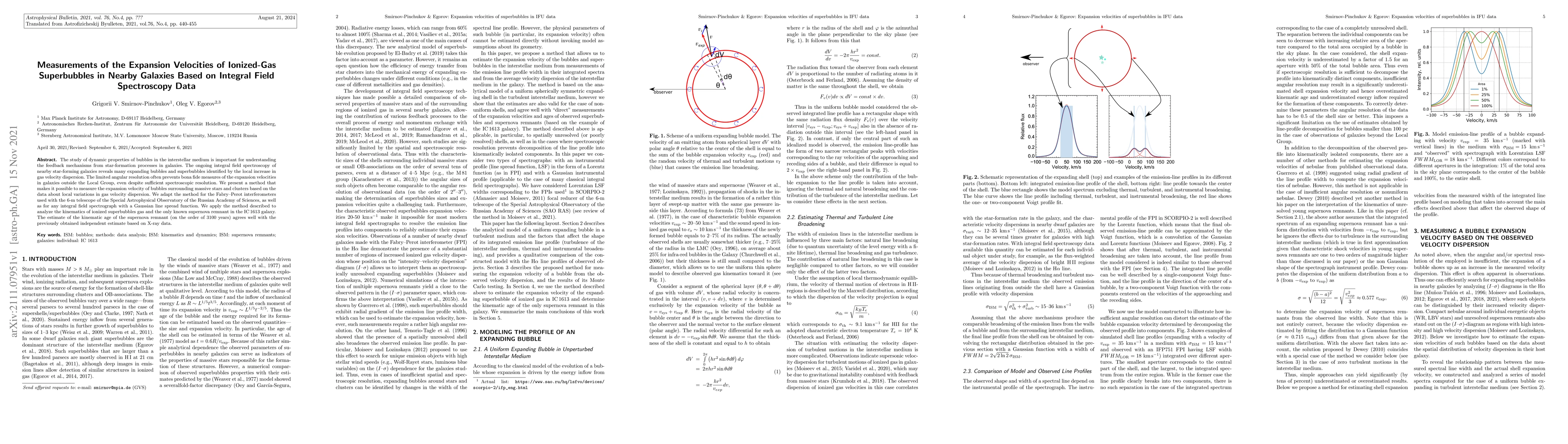 Thumbnail for Measurements of the Expansion Velocities of Ionized-Gas Superbubbles in
  Nearby Galaxies Based on Integral Field Spectroscopy Data