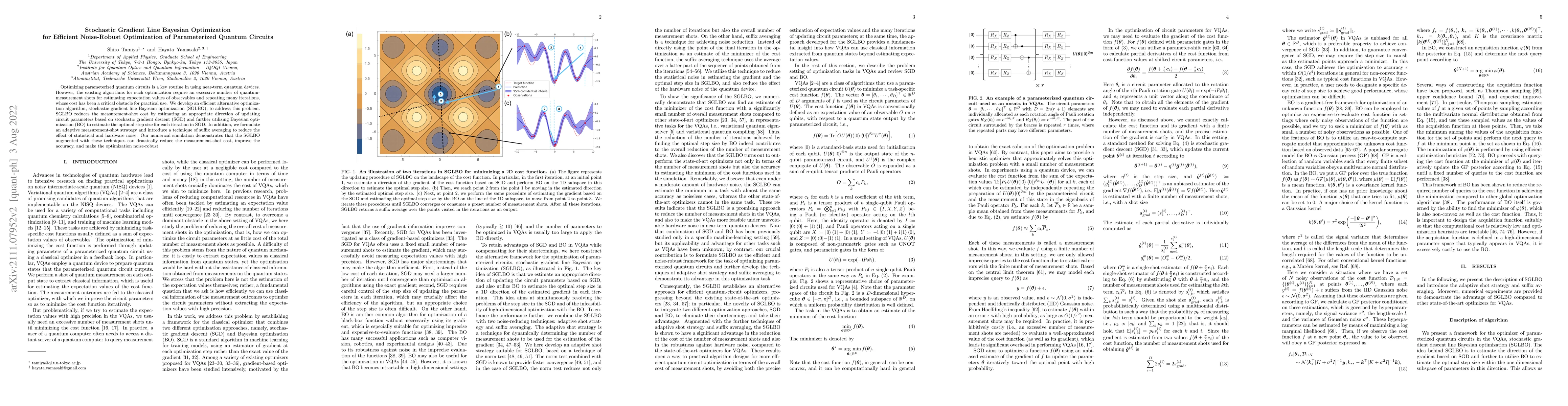 Thumbnail for Stochastic Gradient Line Bayesian Optimization for Efficient
  Noise-Robust Optimization of Parameterized Quantum Circuits