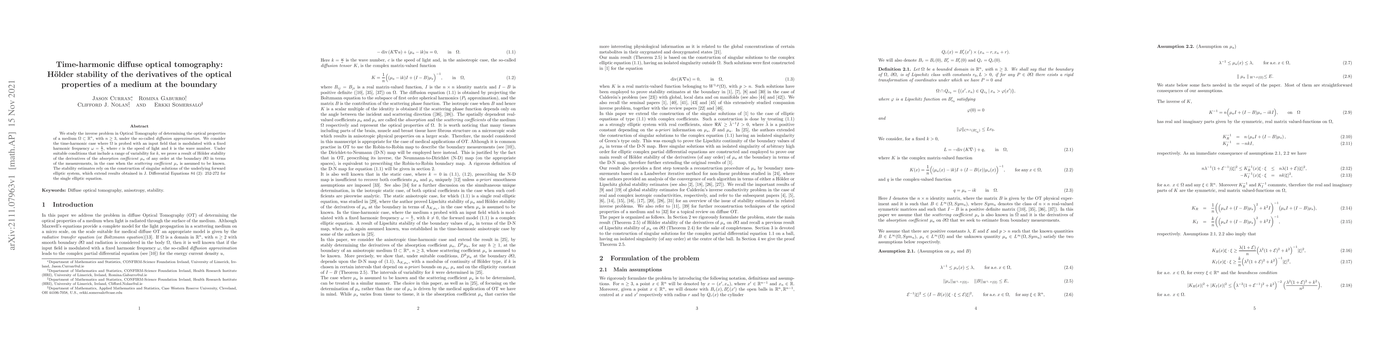 Thumbnail for Time-harmonic diffuse optical tomography: H\"older stability of the
  derivatives of the optical properties of a medium at the boundary