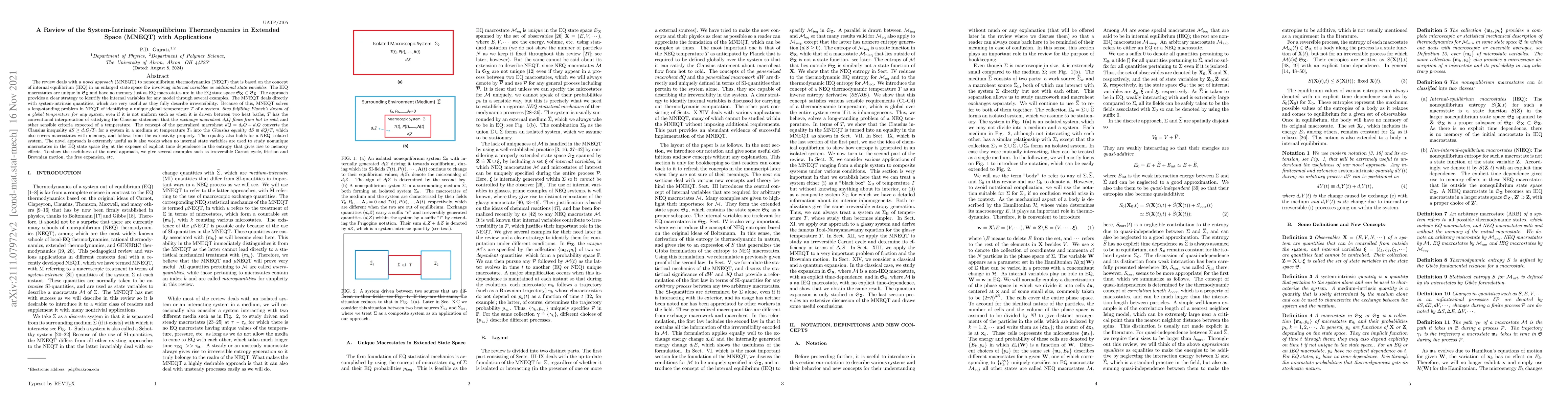 Thumbnail for A Review of the System-Intrinsic Nonequilibrium Thermodynamics in
  Extended Space (MNEQT) with Applications
