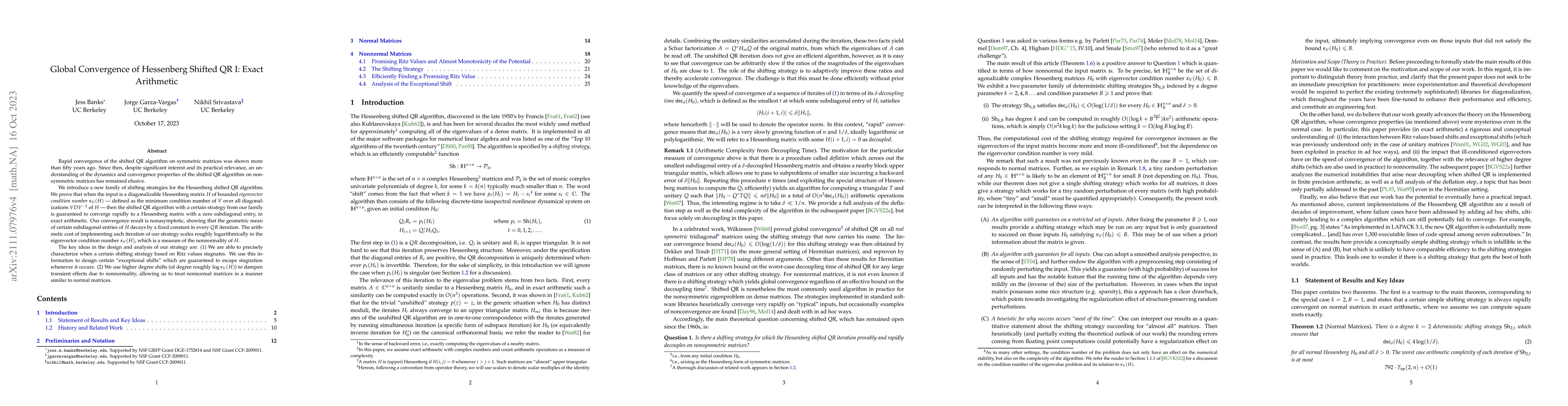 Thumbnail for Global Convergence of Hessenberg Shifted QR I: Exact Arithmetic
