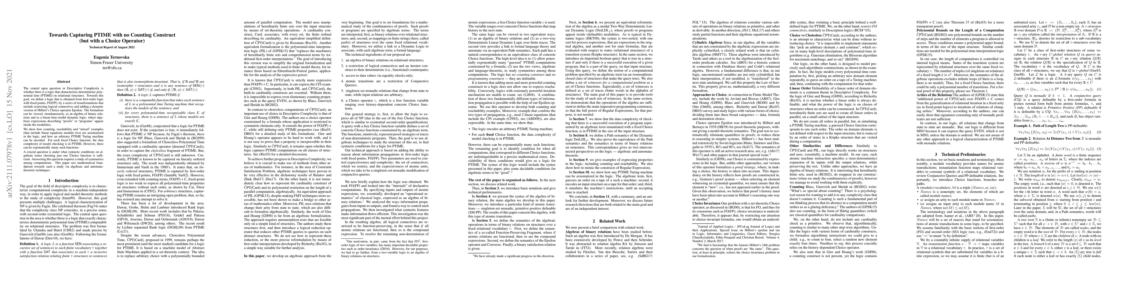 Thumbnail for Towards Capturing PTIME with no Counting Construct (but with a Choice
  Operator)