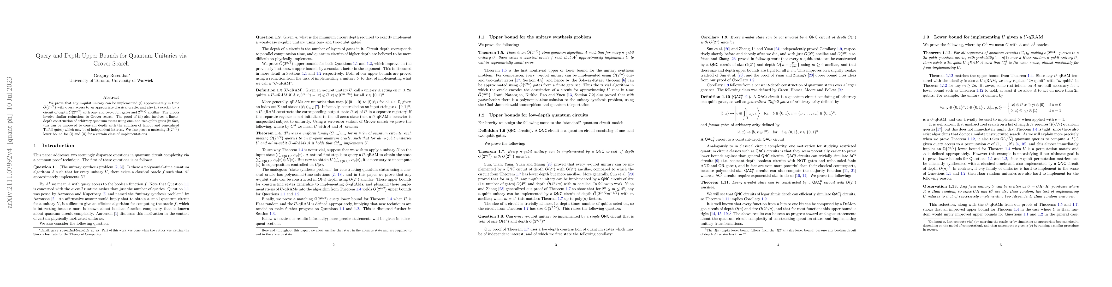 Thumbnail for Query and Depth Upper Bounds for Quantum Unitaries via Grover Search