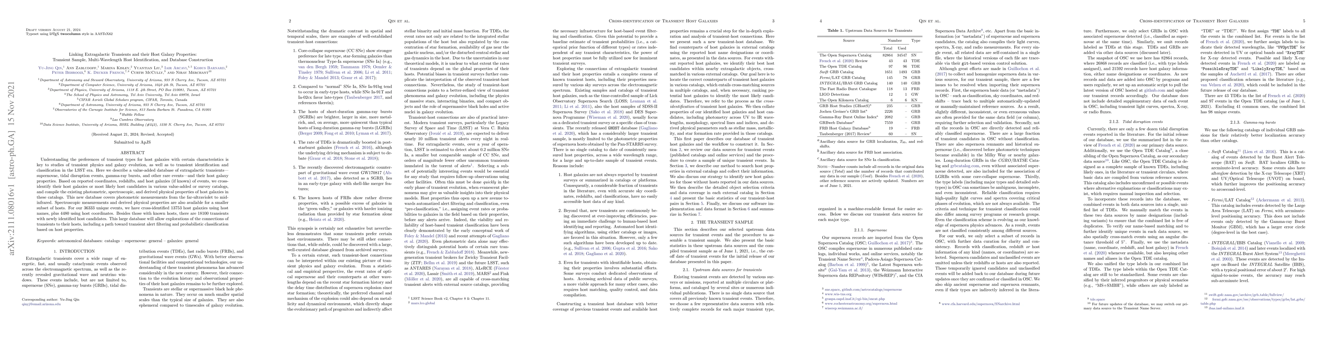 Thumbnail for Linking Extragalactic Transients and their Host Galaxy Properties:
  Transient Sample, Multi-Wavelength Host Identification, and Database
  Construction