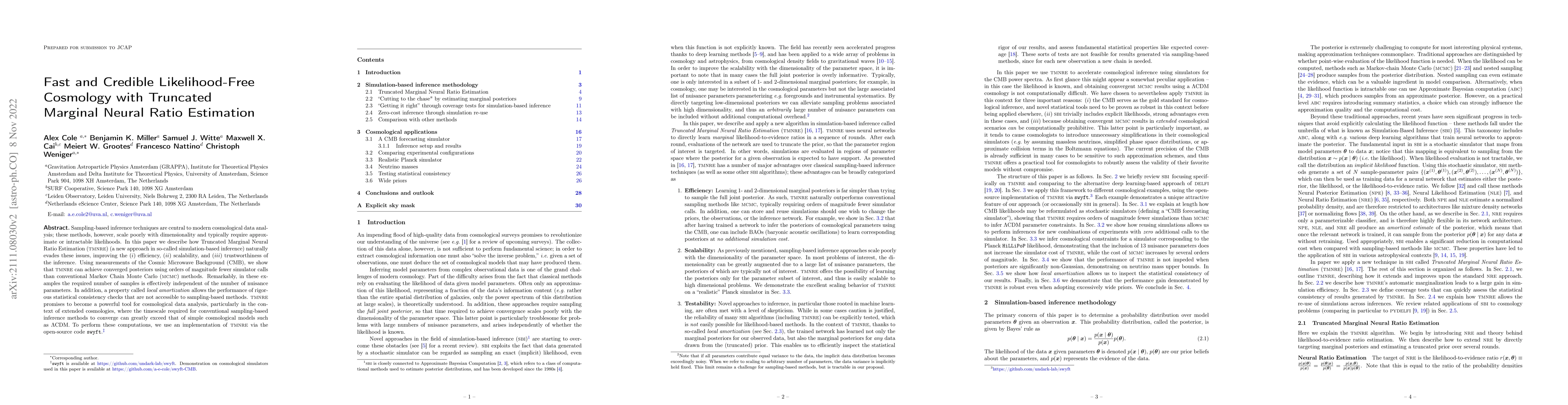 Thumbnail for Fast and Credible Likelihood-Free Cosmology with Truncated Marginal
  Neural Ratio Estimation