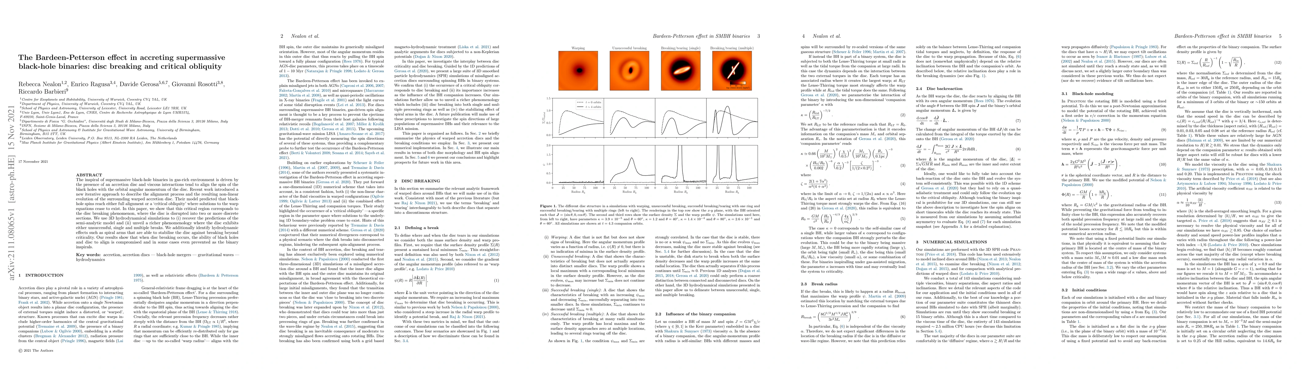 Thumbnail for The Bardeen-Petterson effect in accreting supermassive black-hole
  binaries: disc breaking and critical obliquity