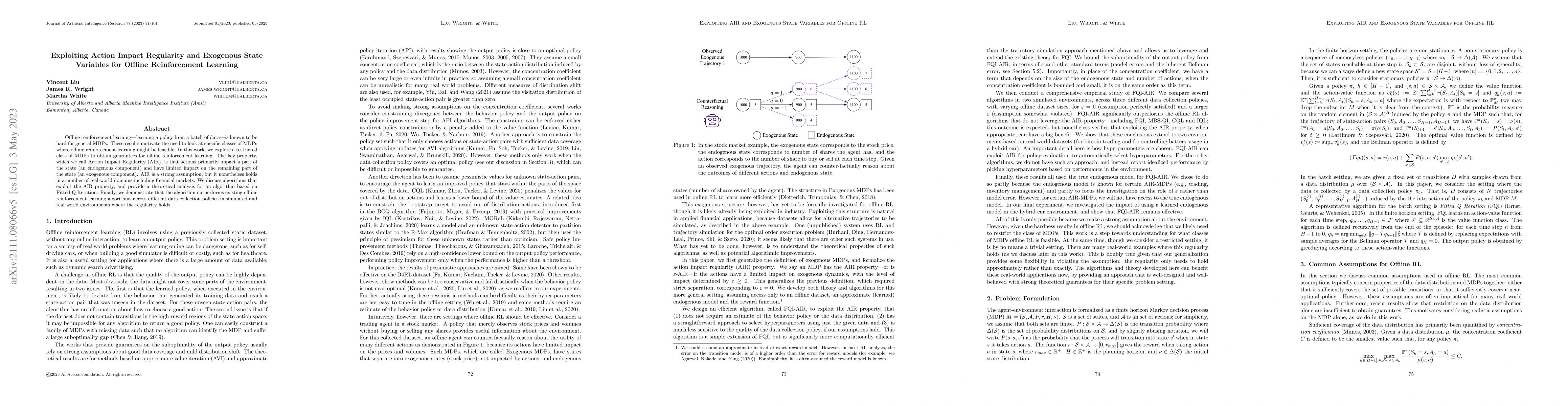 Thumbnail for Exploiting Action Impact Regularity and Exogenous State Variables for
  Offline Reinforcement Learning