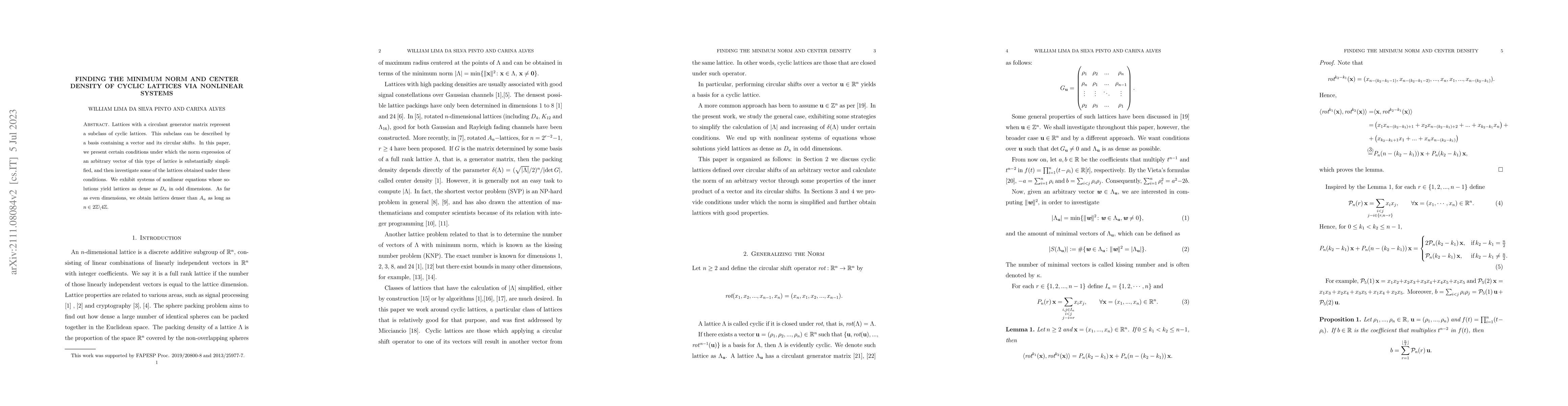 Thumbnail for Finding the Minimum Norm and Center Density of Cyclic Lattices via
  Nonlinear Systems
