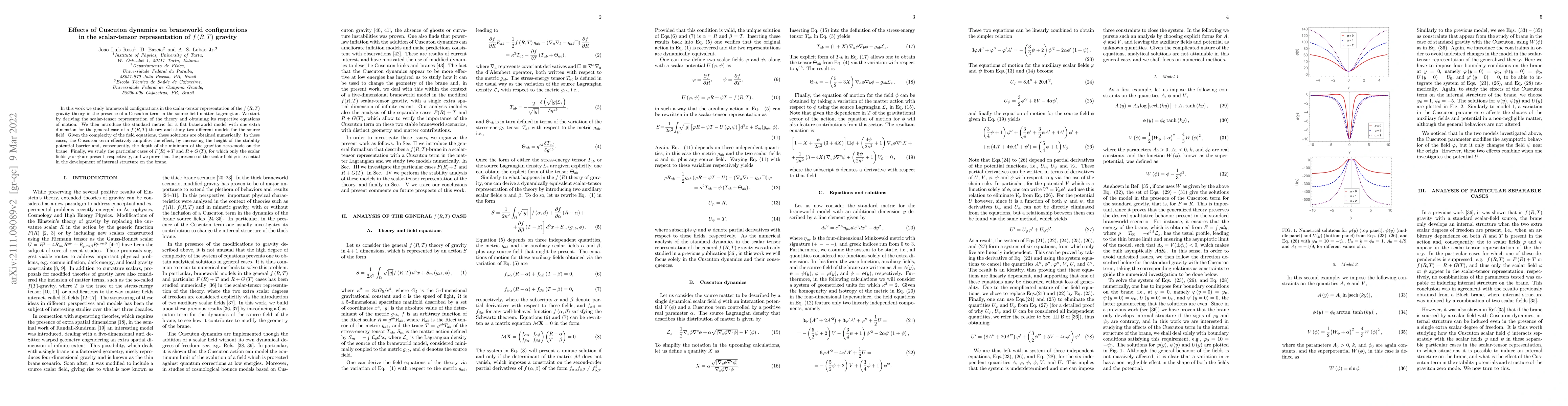 Thumbnail for Effects of Cuscuton dynamics on braneworld configurations in the
  scalar-tensor representation of $f\left(R,T\right)$ gravity