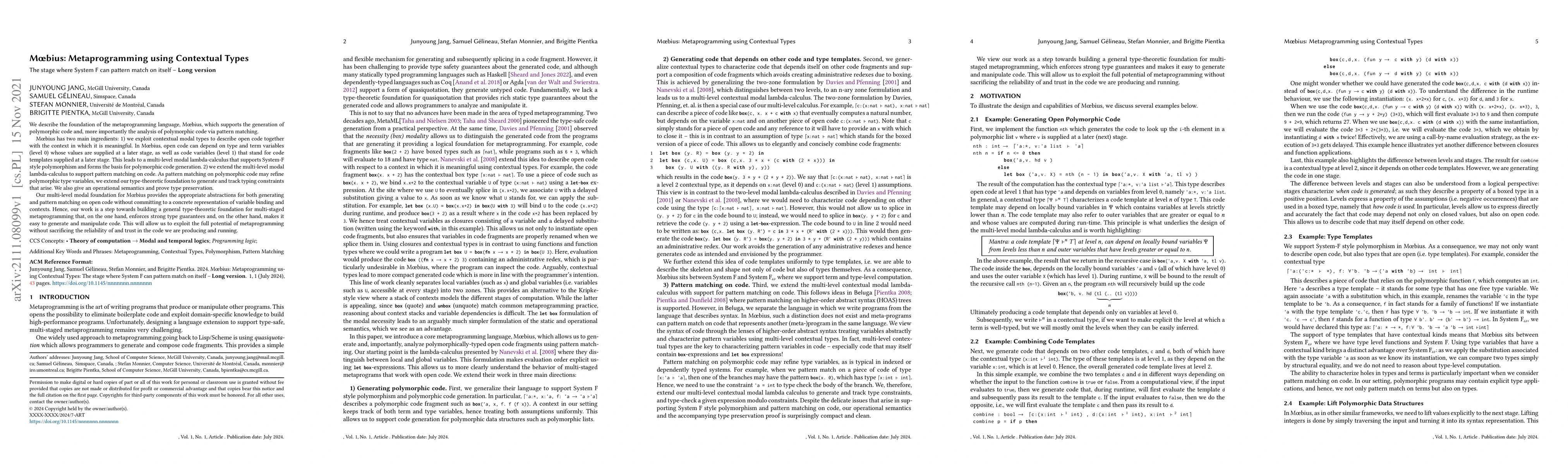 Thumbnail for Moebius: Metaprogramming using Contextual Types -- The stage where
  System F can pattern match on itself (Long Version)