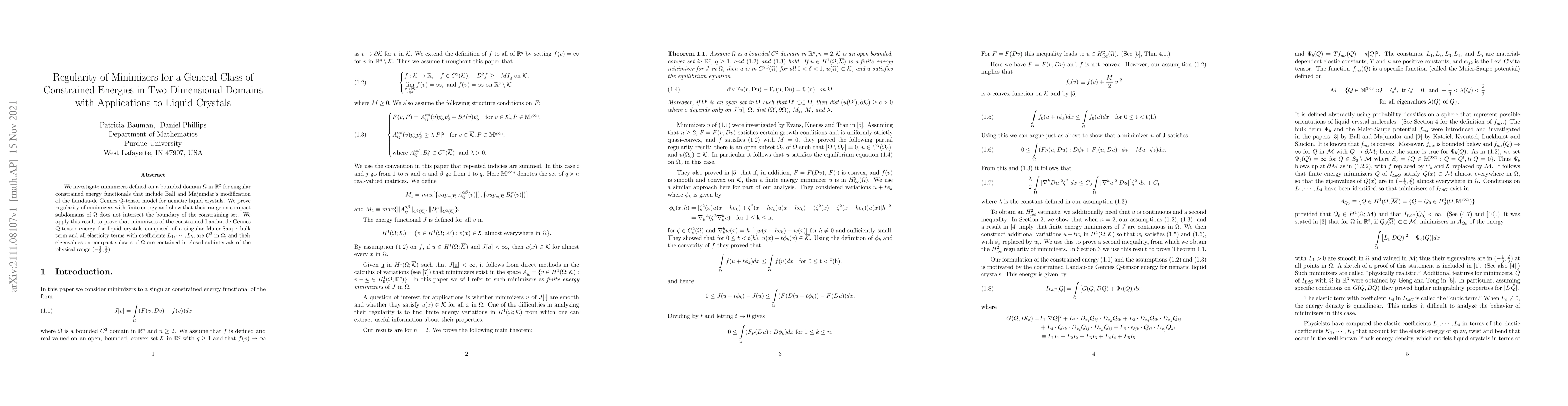 Thumbnail for Regularity of Minimizers for a General Class of Constrained Energies in
  Two-Dimensional Domains with Applications to Liquid Crystals