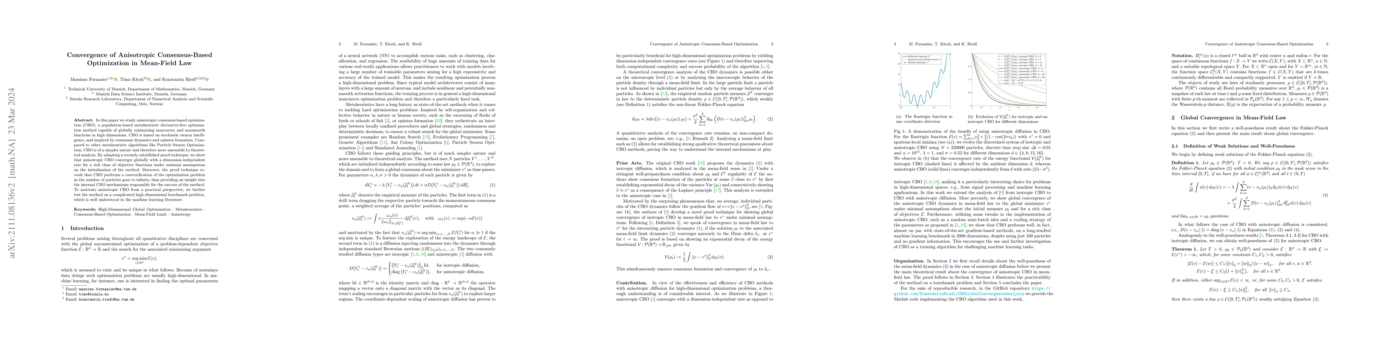 Thumbnail for Convergence of Anisotropic Consensus-Based Optimization in Mean-Field
  Law