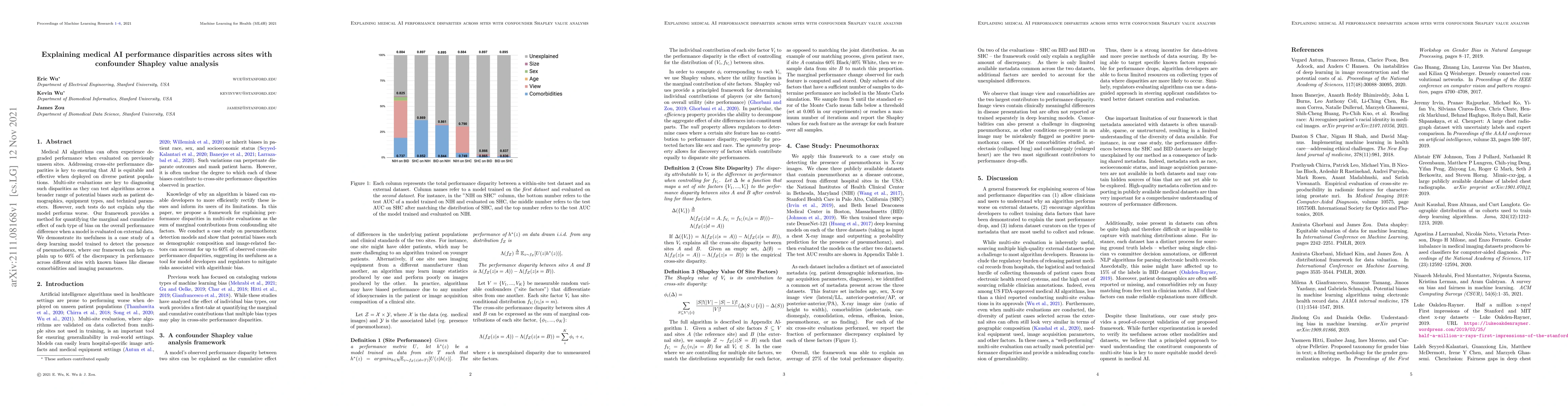 Thumbnail for Explaining medical AI performance disparities across sites with
  confounder Shapley value analysis