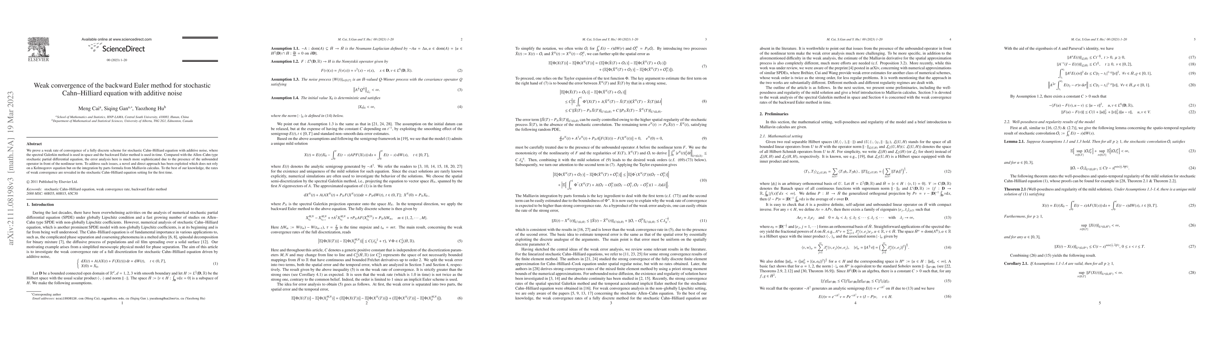 Thumbnail for Weak convergence of the backward Euler method for stochastic
  Cahn--Hilliard equation with additive noise
