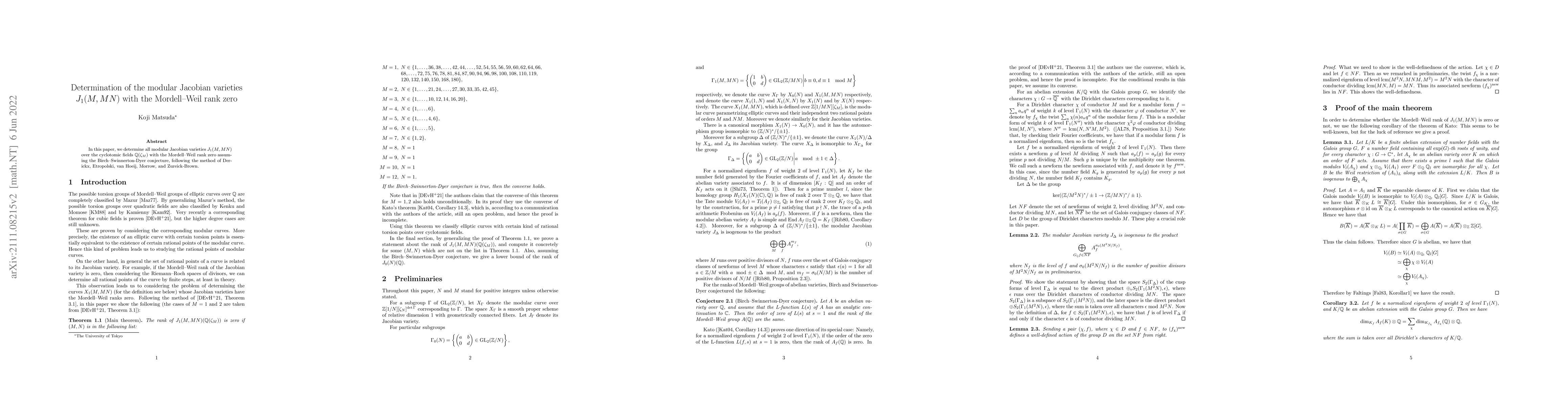 Thumbnail for Determination of the modular Jacobian varieties $J_1(M,MN)$ with the
  Mordell-Weil rank zero