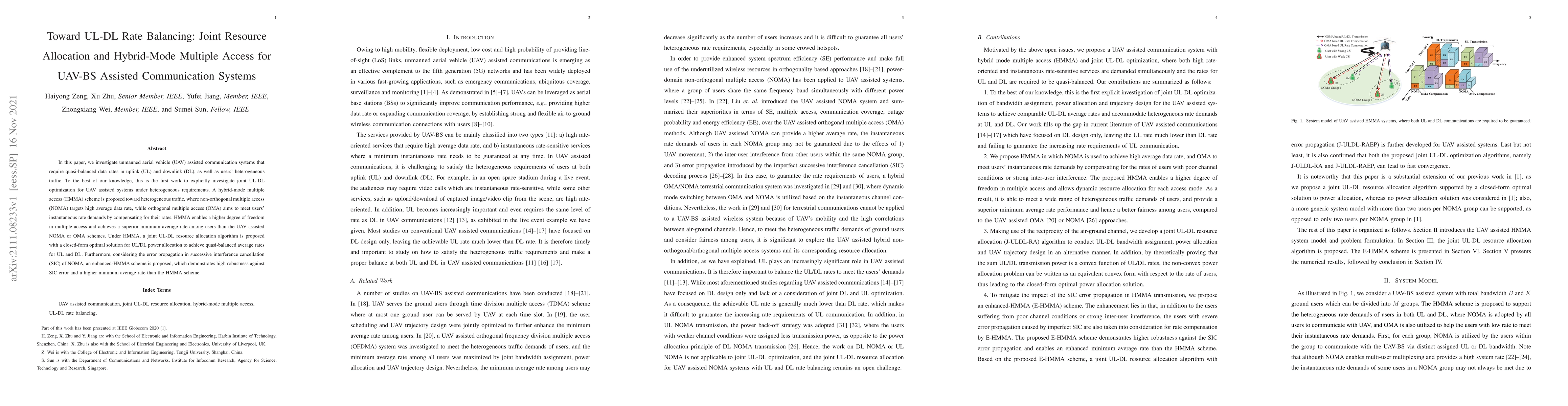 Thumbnail for Toward UL-DL Rate Balancing: Joint Resource Allocation and Hybrid-Mode
  Multiple Access for UAV-BS Assisted Communication Systems