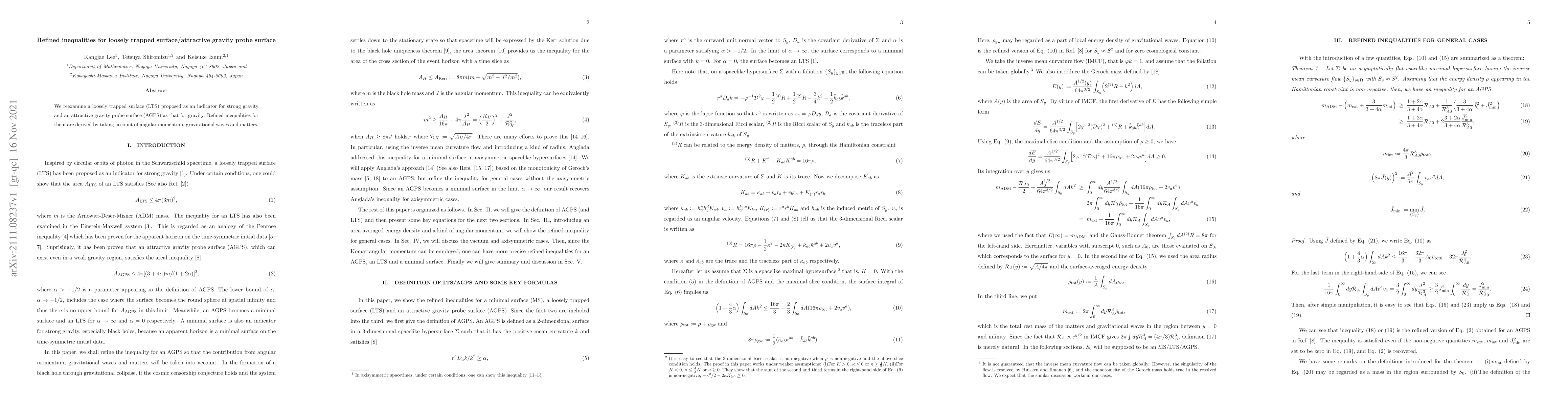 Thumbnail for Refined inequalities for loosely trapped surface/attractive gravity
  probe surface
