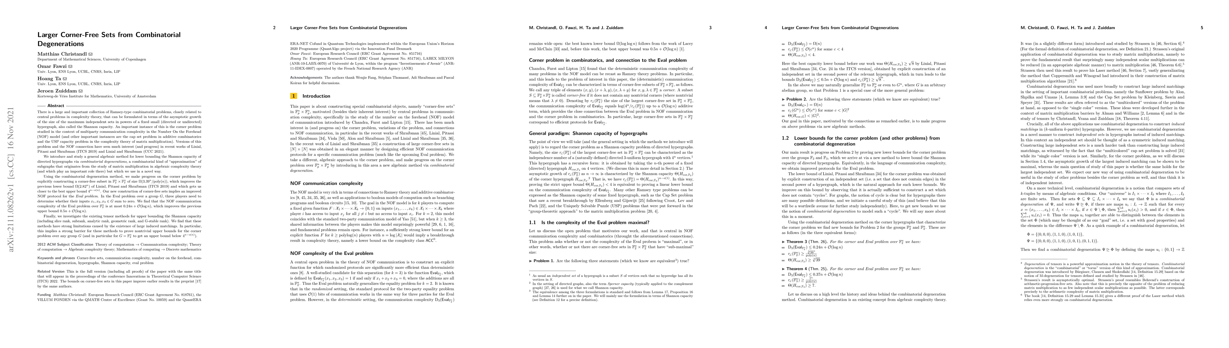 Thumbnail for Larger Corner-Free Sets from Combinatorial Degenerations