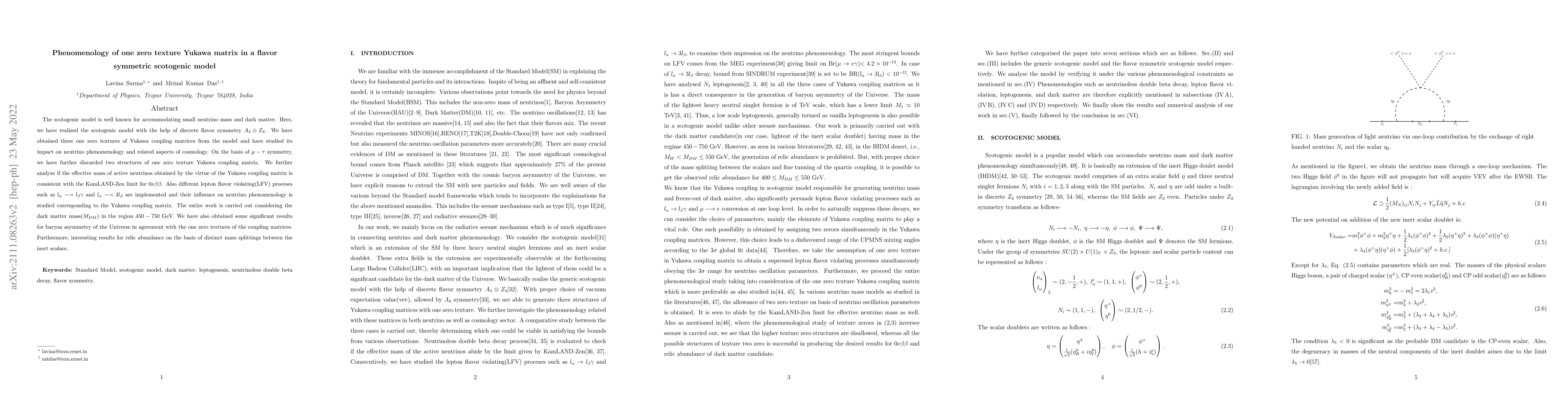 Thumbnail for Phenomenology of one zero texture Yukawa matrix in a flavor symmetric
  scotogenic model